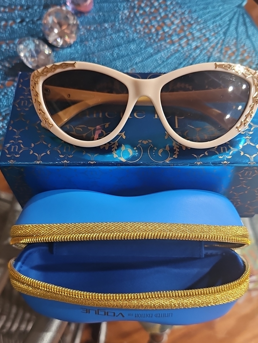 Nanette Lepore White Cat-Eye Sunglasses with Gold Accents